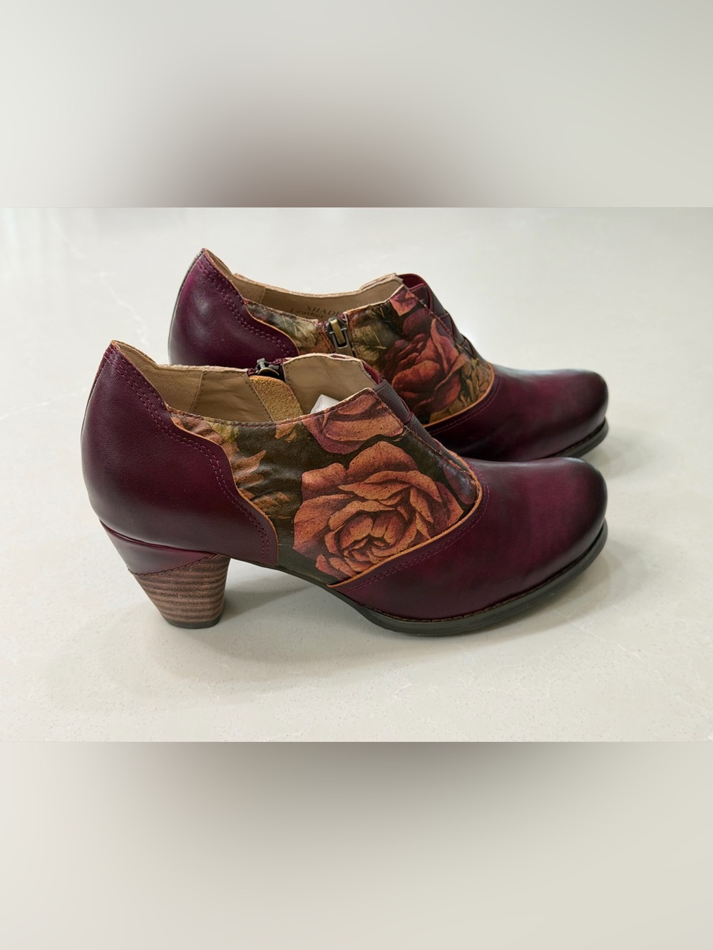 Elite by Corkys Burgundy Leather Floral Patchwork Heeled Booties Mules Size 9